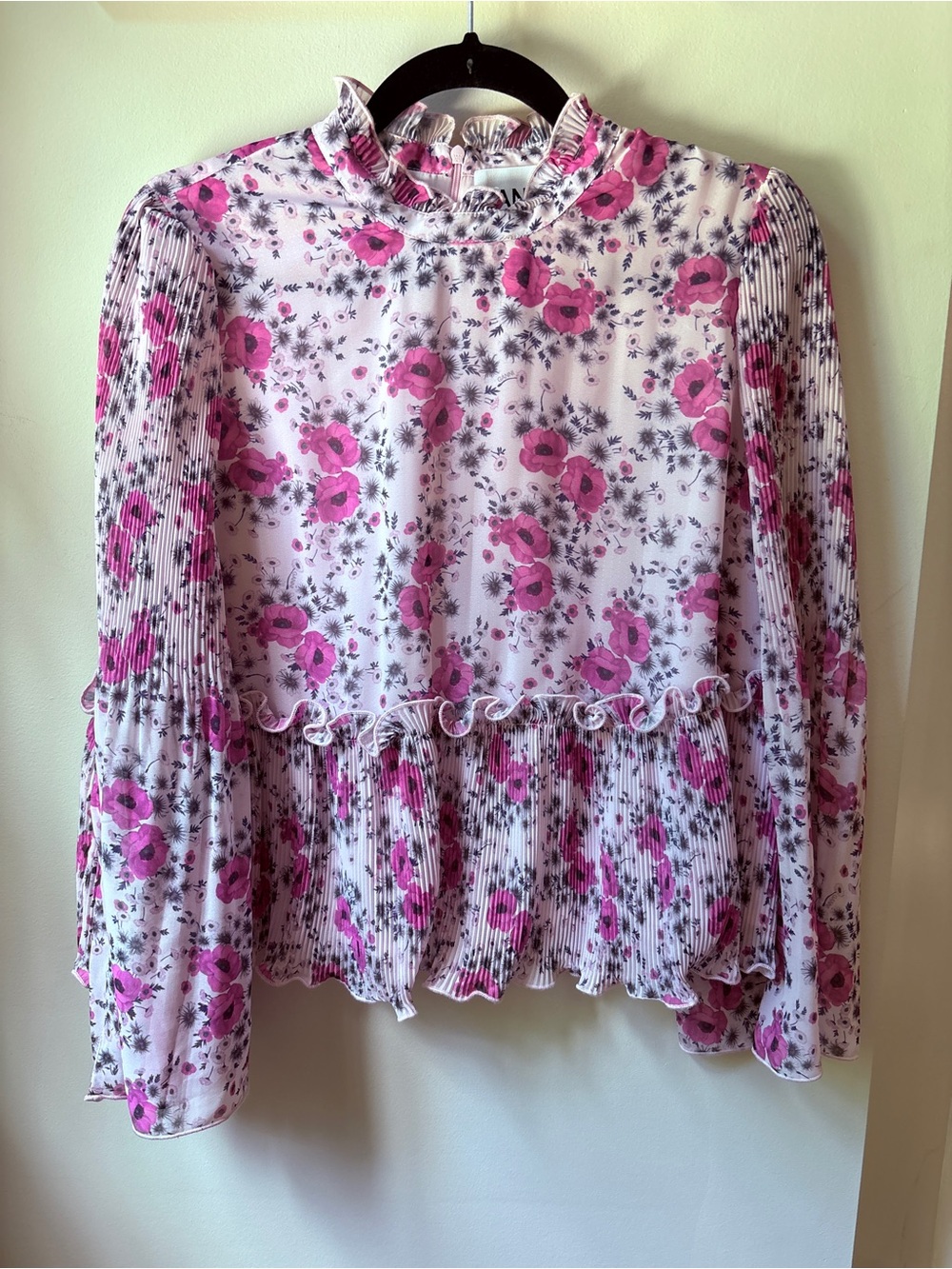 Ganni Pink and White Floral Ruffle Neck Blouse